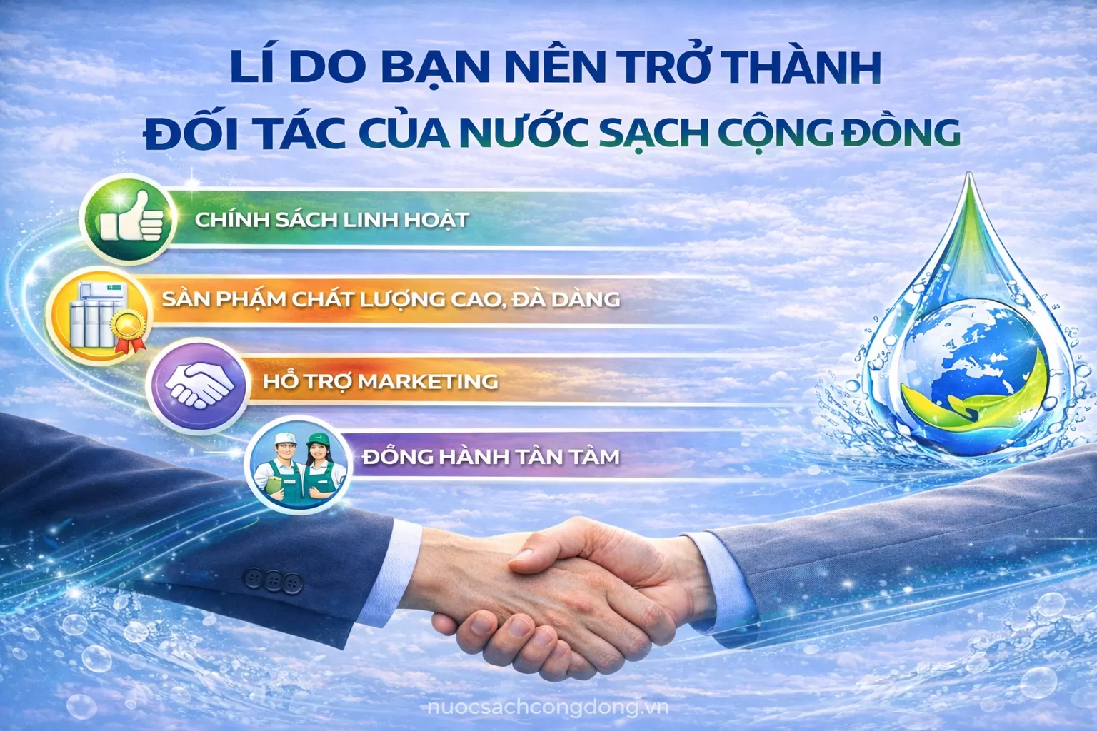 Trở th&agrave;nh đối t&aacute;c của Nước Sạch Cộng Đồng, kinh doanh m&aacute;y lọc nước chất lượng, đồng h&agrave;nh lan tỏa gi&aacute; trị nước sạch, giải ph&aacute;p bền vững cho gia đ&igrave;nh Việt.