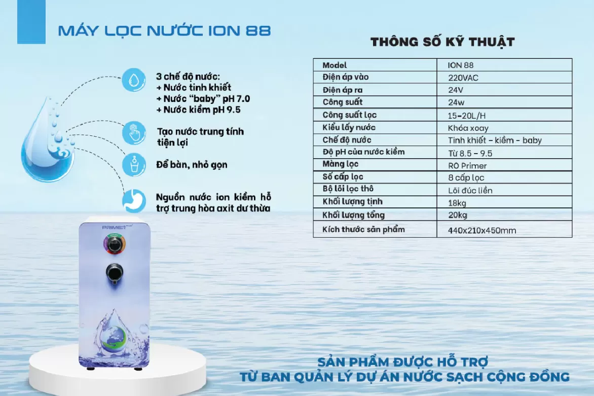 Máy lọc nước Primer ION 88 là lựa chọn hàng đầu được Nước Sạch Cộng Đồng khuyến nghị, mang đến nguồn nước sạch, an toàn, giàu khoáng cho mọi gia đình Việt.