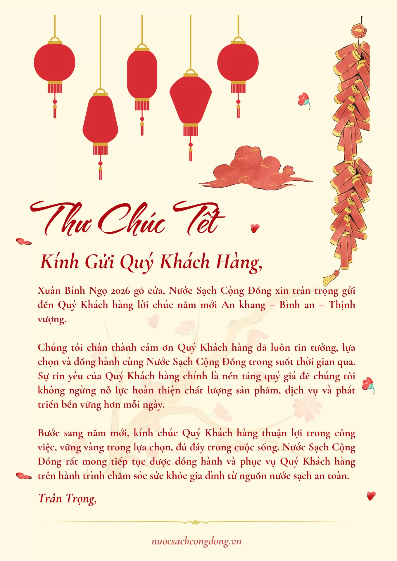 Trong kh&ocirc;ng kh&iacute; h&acirc;n hoan ch&agrave;o đ&oacute;n năm mới, Nước Sạch Cộng Đồng tr&acirc;n trọng gửi đến Qu&yacute; Kh&aacute;ch h&agrave;ng v&agrave; Qu&yacute; Đối t&aacute;c lời ch&uacute;c mừng năm mới 2026 tốt đẹp nhất.