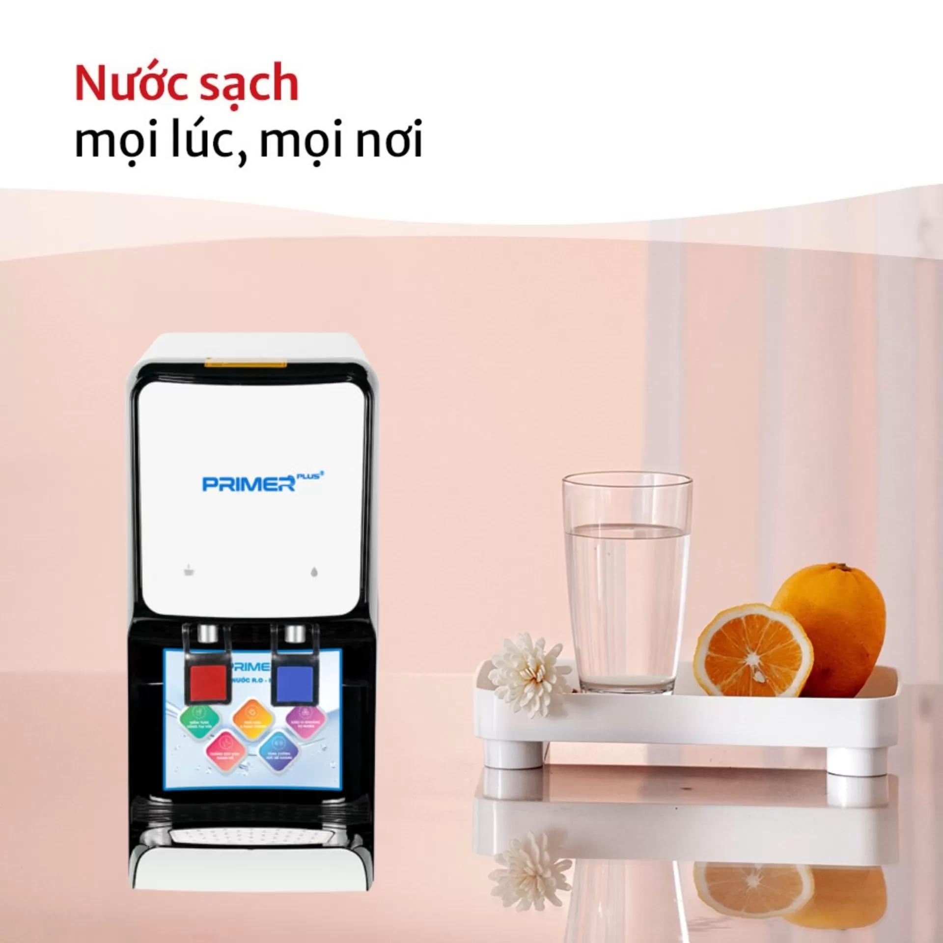 Máy lọc nước PRIMER từ Nước Sạch Cộng Đồng giúp lọc nước uống sạch tại vòi, bảo vệ sức khỏe, sống xanh và giảm rác thải nhựa, an toàn cho môi trường.