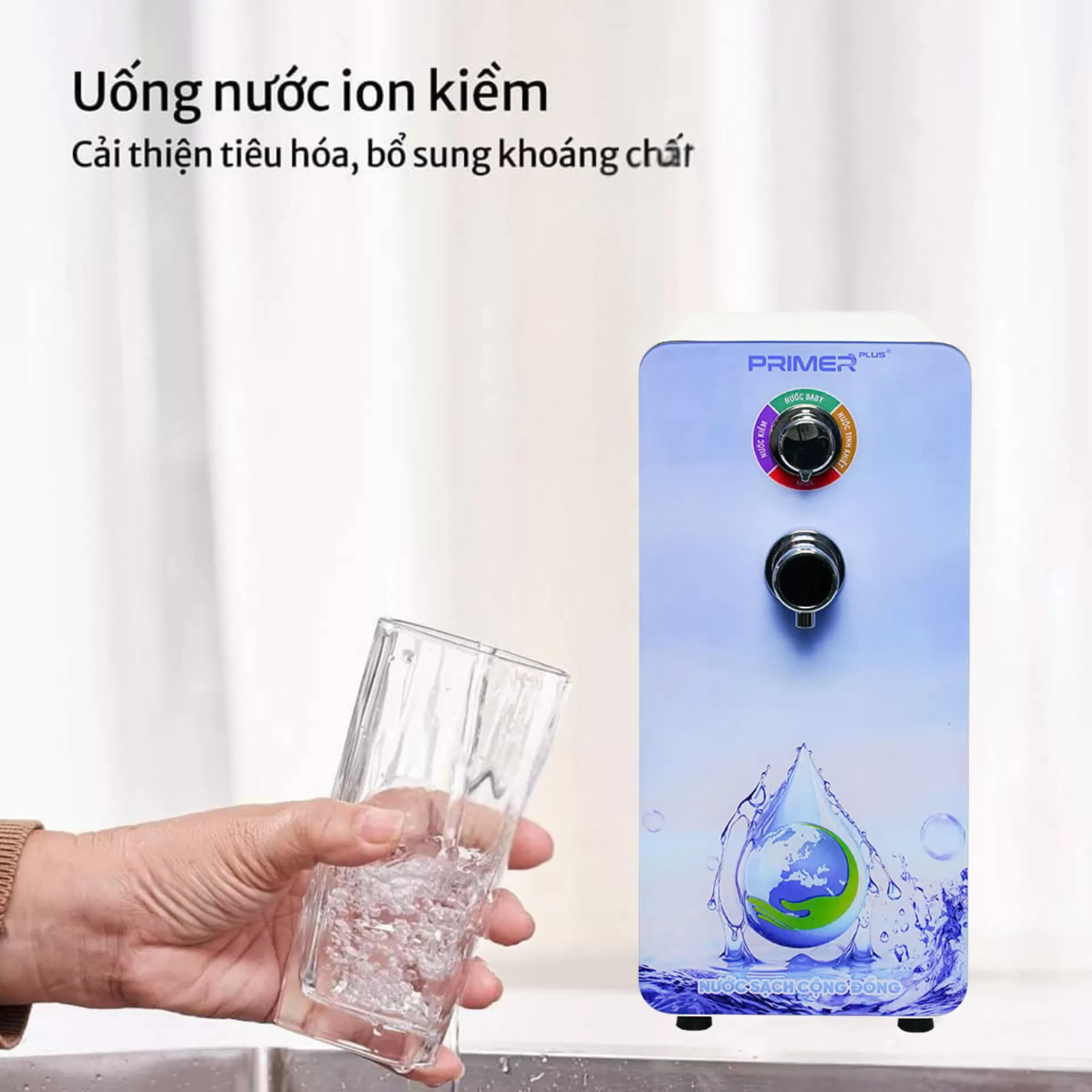 Máy lọc nước PRIMER từ Nước Sạch Cộng Đồng giúp lọc nước uống sạch tại vòi, bảo vệ sức khỏe, sống xanh và giảm rác thải nhựa, an toàn cho môi trường.