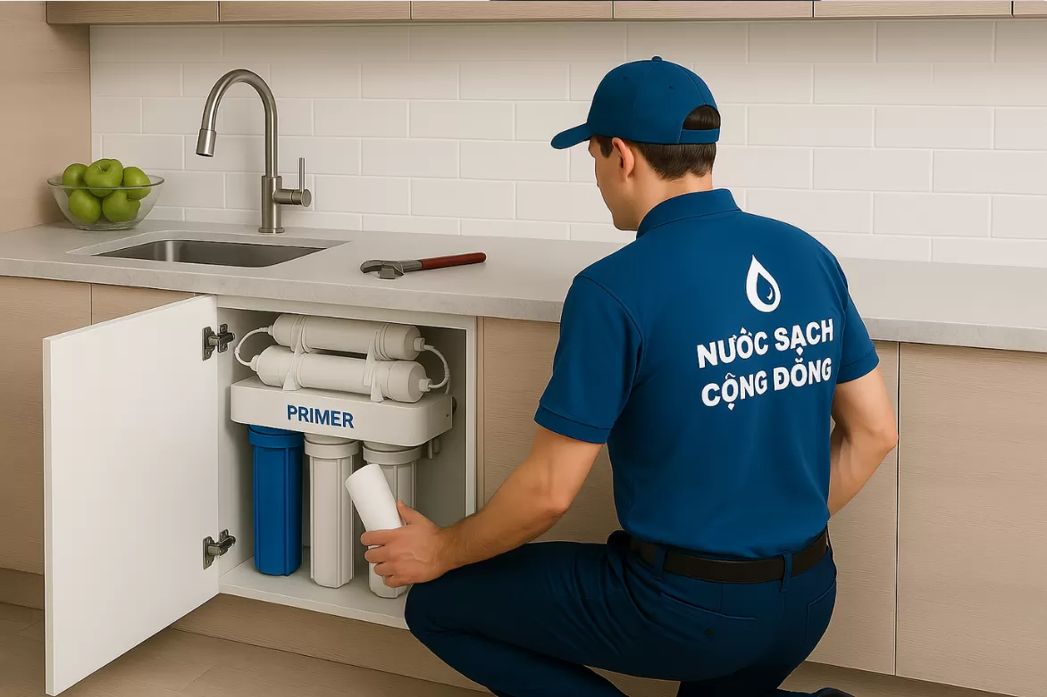 Dịch vụ chăm sóc máy lọc nước tại nhà uy tín từ Nước Sạch Cộng Đồng. Kiểm tra, vệ sinh, thay lõi lọc định kì, lõi lọc chính hãng primer tận nơi.